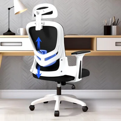 Image de Chaise de bureau ergonomique avec support lombaire, accoudoirs et repose-tête réglables, et revêtement en mesh respirant, idéale pour