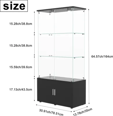 Obrázok produktu pre Sklenená vitrína – vitrína s LED osvetlením – 4 police – 2 uzamykateľné dvierka – na zberateľské predmety, knihy, víno – do obývačky – čierna