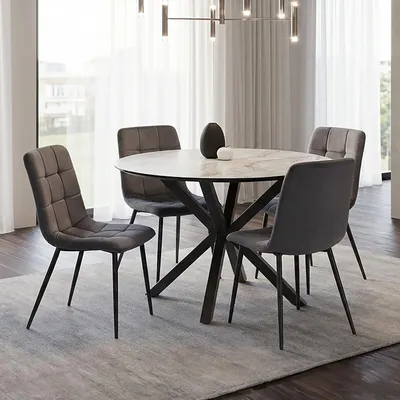 Image de Ensemble de salle à manger Homestyle4u comprenant une table et 4 chaises, ensemble de 5 pièces. Ensemble de salle à manger avec table ronde, revêtement en velours, modèle 3086