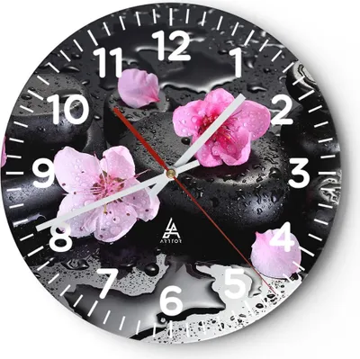 Produktbild von Wanduhr - Rund - Glasuhr - Blumen Steine Tropfen Spa - 30x30cm - Schleichendes Uhrwerk - Lautlos - zum Aufhängen bereit - Dekoration Modern - Wanddekoration aus Glas - C4AR30x30-2714
