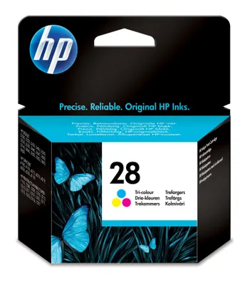 The image shows the packaging of an HP 28 tri-color ink cartridge.