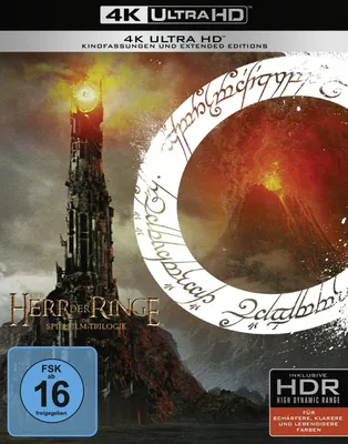 The image is a promotional poster for the "Lord of the Rings" film trilogy in 4K Ultra HD. It features the iconic tower of Barad-dûr and the One Ring with Mount Doom in the background.