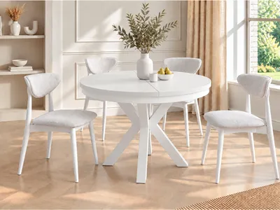 Produktbild von Runder Ausziehbarer Esstisch im Loft-Stil - Industrieller Tisch mit Weißen Metallbeinen - Platzsparender Tisch für Wohnzimmer - Weiß - 120 bis 200 cm