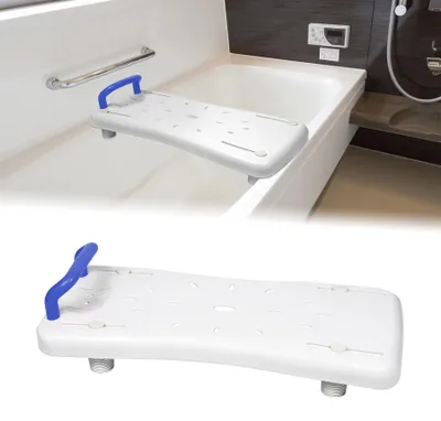 Immagine prodotto di Sedile per vasca da bagno con maniglia - 70 cm - Bianco e blu - Antiscivolo con ventose regolabili - Per vasche con larghezza interna da 42 a 62 cm