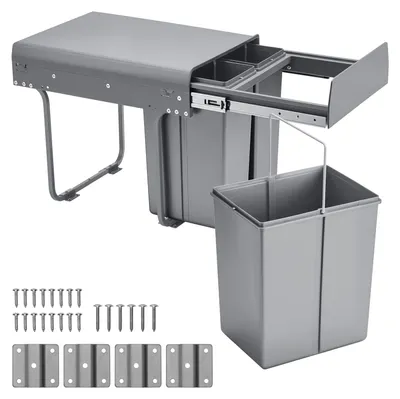 Immagine prodotto di SucceBuy Cestino estraibile per armadietti da cucina (20+10+10 L), contenitore per rifiuti sotto il lavello, cestino da cucina con sistema di scorrimento completamente estraibile in metallo e pratica maniglia