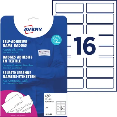 Produktbild von Avery Zweckform L4783-20, Namens-Etiketten, 88,9 x 31 mm, 120 g/m², 320 Etiketten / 20 Bögen