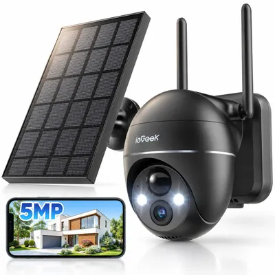 Zdjęcie produktu dla Kamera monitoringu zewnętrznego ieGeek 5MP, zasilana akumulatorem, obracana w poziomie (355°) i pionie (120°), z Wi-Fi, z funkcją nocnego widzenia w kolorze, zasilana energią słoneczną, z czujnikiem ruchu PIR