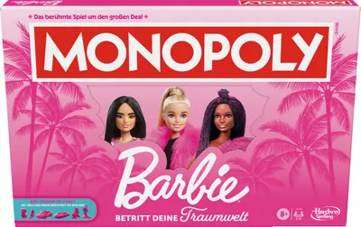 The image shows the front of a Monopoly Barbie board game box, featuring three Barbie dolls and palm trees against a pink background.
