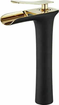 Produktbild von Moderner Wasserfall-Badezimmerhahn – Einhebel-Waschtischmischer mit Warm- und Kalteinstellungen – Schwarz und Gold