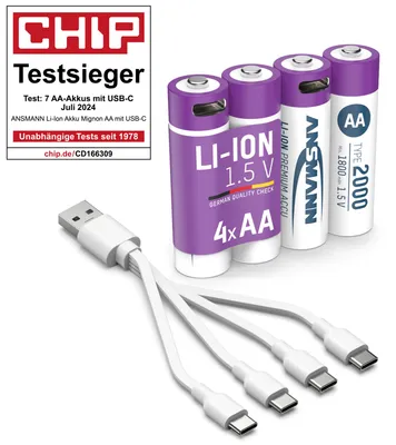 Produktbild von ANSMANN Akku Mignon AA Typ-C Anschluss Li-Ion 1800mAh 1,5V, 4 Stück