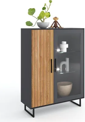 Produktbild von Highboard Vitrine halbhoch Stella teilmassiv Softclose Anthrazit/Eiche