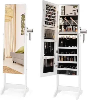 Imagen del producto de Espejo de tocador con luces LED de 3 colores, joyero con espejo de cuerpo entero y espejo integrado, armario espejo con cerradura, soporte para secador de pelo y 2 cajones, color blanco