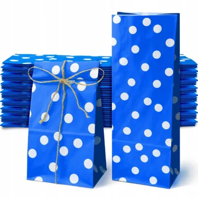Blaue Papiertüten mit Punkten 10x7x26 cm – Geschenktüten für Süßigkeiten – 50 Stück