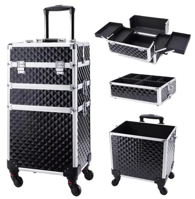 Obrázok produktu pre Kozmetický kufrík na kolieskach – 3 v 1 – Veľká kapacita – Uzamykateľný – Otočné kolieska o 360° – Približne 35 × 67 cm – Klasická čierna farba