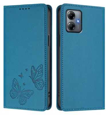 Produktbild von Lederhülle für Motorola Moto G14, Schmetterling Prägung Leder Brieftasche Schutzhülle mit Ständer Blau