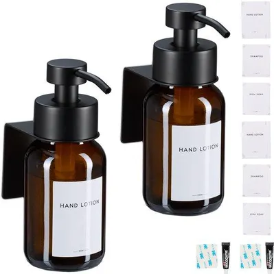 Produktbild von Famanu Seifenspender Set – 2 Wandmontage Seifenspender aus braunem Glas und Edelstahl, 250 ml, ohne Bohren