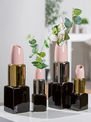 Produktbild von Gilde Vase, Lippenstift, "Milano", Keramik, rosa, schwarz, goldfarben, VE 2, L. 9 cm, B. 9 cm, H. 30 cm 32916 4063387329160