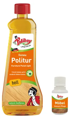 Produktbild von Poliboy fixneu Politur hell - Möbelpolitur für helle lackierte Hölzer - farbauffrischende Holzpolitur - 500ml - Mit Produkt-Probe