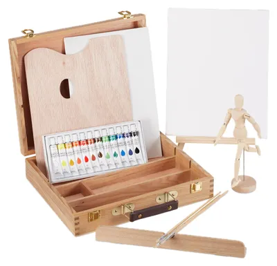 Produktbild von Relaxdays Malkoffer, 22-tlg. Malset Holz, mit Gliederpuppe, Malpalette, Pinsel, Staffelei, Leinwand & Acrylfarben, natur