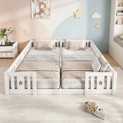 Image de INONEFT Lit bébé 90/180x200, lit Montessori avec barrière et porte, lit en bois double, lit pour adolescents en bois massif, sans sommier, blanc