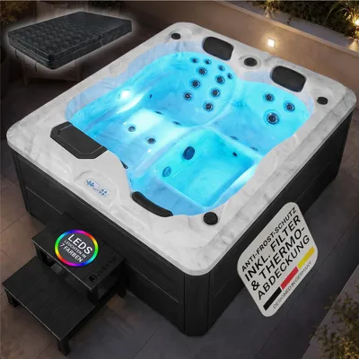 Produktbild von Artsauna Outdoor Whirlpool Oasis mit Treppe - Spa mit Massagedüsen, LED-Beleuchtung, 2 Filter, Abdeckung, Pumpe - Whirlpool winterfest & beheizbar