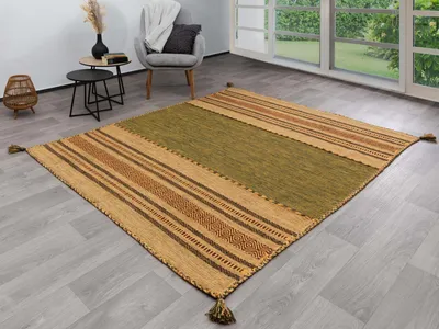 Produktbild von Steffensmeier Handwebteppich Muriani | Baumwolle |  Wohnzimmer | Grün, handgewebt, Größe: 70x130 cm