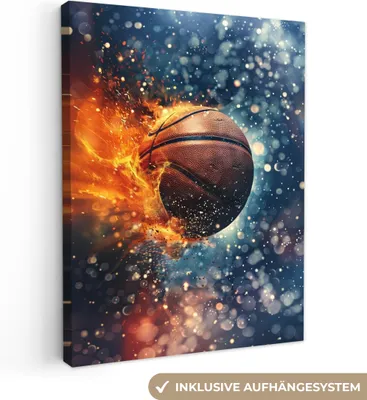 Zdjęcie produktu dla MuchoWow® - Obraz na płótnie - Koszykówka - Ogień - Sport - Niebieski - Pomarańczowy, fototapeta, dekoracja ścienna, obrazy do salonu, 60x80cm
