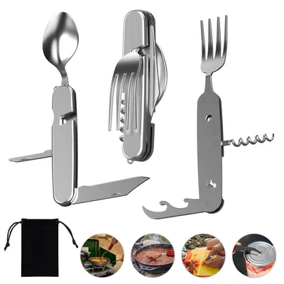 Immagine prodotto di TRANKIELO® - Posate pieghevoli in acciaio inossidabile 6-in-1: coltello, forchetta, cucchiaio, apriscatole – ideali per campeggio e trekking