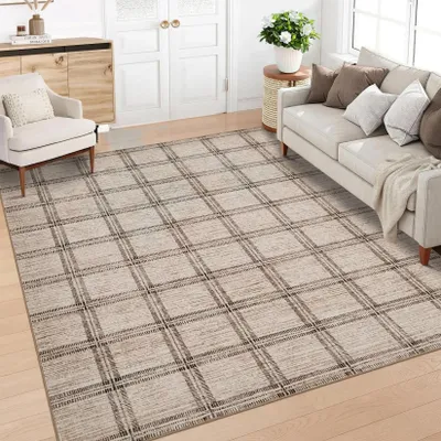 Obrázek produktu pro Koberec Karierter – běhoun – lze prát v pračce – 100 % polyester – gumová spodní strana – krátký vlas – 160 × 230 cm – béžová barva