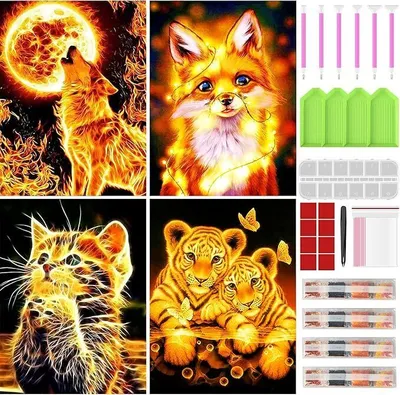 Produktbild von Diamond Painting Set, 4er Tiere,Katze Tiger Fuchs Wolf, 5D DIY Diamant Malerei Kinder Erwachsene Daiments Painting Bilder für Home Wall Décor,30×40cm