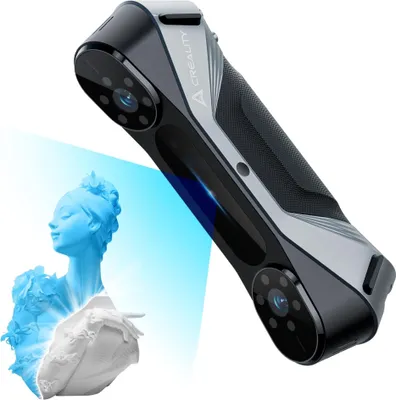 A 3D scanner is shown with a blue light projection onto a sculpture.