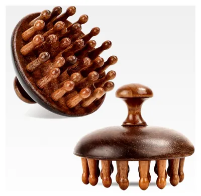 Produktbild von 2 Stück Holz-Kopfmassagebürste, 2 in 1 Kopfhautmassagebürste und Haarkamm, Kopfhautkamm zur Meridianmassage, Massagebürste mit Griff, Sandelholz-Kamm für die Kopfhaut