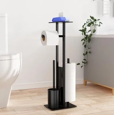 Produktbild von Toilettenhalter aus Edelstahl, inklusive Toilettenbürste, Feuchttüchern und Glasablage, matt schwarz