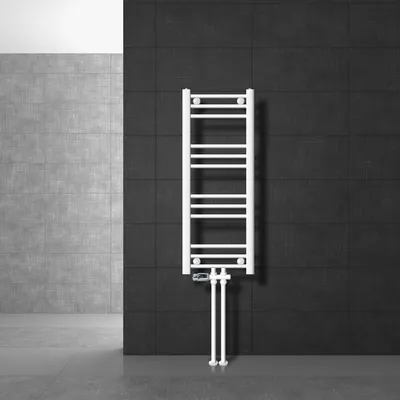 Obrázok produktu pre LuxeBath kúpeľňový radiátor stredové pripojenie 300 x 800 mm biely rovný s termostatom a pripojovacou sadou Priechodný podlahový radiátor, bez vykurovacieho telesa