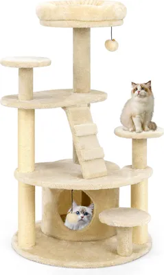 Image de COSTWAY Arbre à chat petit, Arbre à chat en bois, Arbre à chat avec niche pour chats, balle, échelle, plateformes & griffoirs, Meubles pour chats Arbre à grimper Beige clair