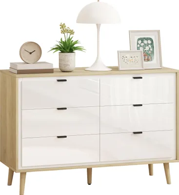 Image de HOMCOM Commode 6 tiroirs, meuble de rangement à haute brillance avec 5 pieds en bois, style moderne, commode pour chambre à coucher, salon, couloir, 110 x 40 x 75 cm, blanc et chêne