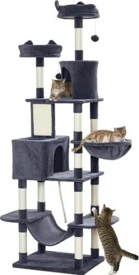 Produktbild von Katzenkratzbaum - Kletterturm für Katzen - 206 cm hoch - Höhle und 2 Spielbälle - Sisalstämme - Holz - Mehrere Ebenen