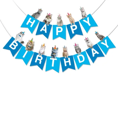 Produktbild von BRUBAKER Happy Birthday Wimpelkette mit Katzen - Geburtstag Deko Banner - Geburtstagsgirlande Dekoration für Jungen, Mädchen - Geburtstagsdeko, Blau