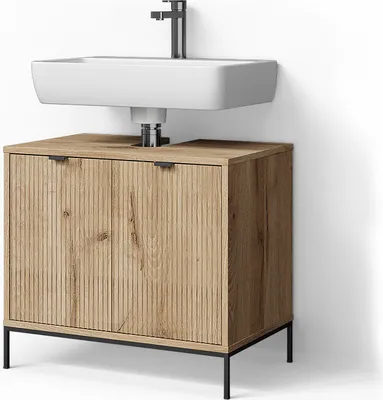 A modern bathroom vanity with a sink and faucet against a white wall.