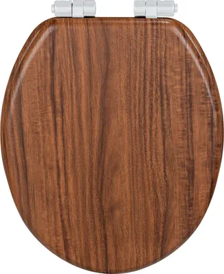 A top-down view of a closed wooden toilet seat with silver hinges against a white background.