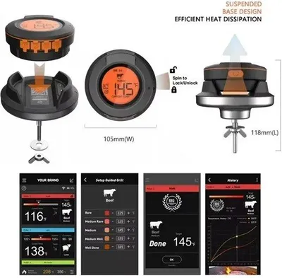 Zdjęcie produktu dla Cyfrowy, bezprzewodowy termometr do grillowania z 2 sondami - wyświetlacz LCD i sterowanie za pomocą aplikacji - wodoodporny - obsługa 2 sond