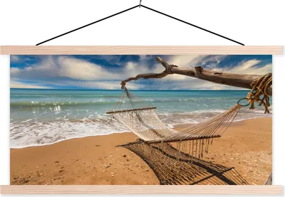 Produktbild von MuchoWow® Textilposter Strand - Meer - Hängematte 60x30 cm mit holzfarbenen Rahmen - Dekoration