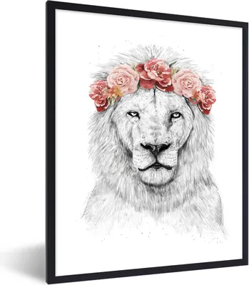 Produktbild von MuchoWow® Gerahmtes Poster Löwen - Blumen - Weiß - Tiere 60x80 cm - Poster mit Schwarzem Bilderrahmen Wandposter Rahmen Foto Bilder - Premium - Wanddeko Wohnzimmer