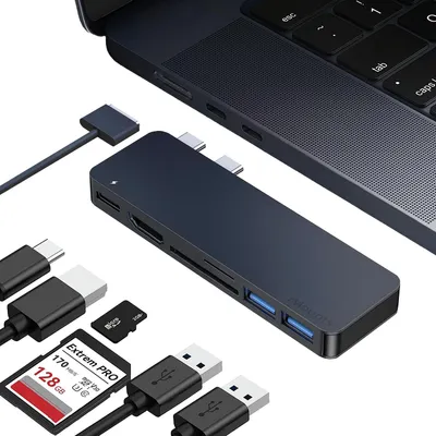 Produktbild von iMounts MacBook Air USB-C Hub - HDMI, USB3.0, SD-Leser, M2/M3/M4 - Laden und Datenübertragung - Space Grau/Space Gray