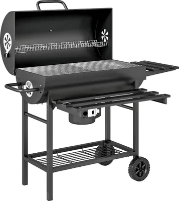 Produktbild von Holzkohlegrill aus Stahl BBQ Smoker mit Deckel Griffe Thermometer Räder fahrbar 114 x 65 x 95 cm