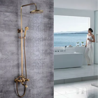 A split image showing a shower system on the left and a bathroom with a woman looking out a window on the right.