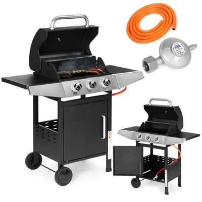 Produktbild von Gasgrill 10,2 kW BBQ Grillwagen aus Edelstahl 3 Brenner Thermometer Seitenregale