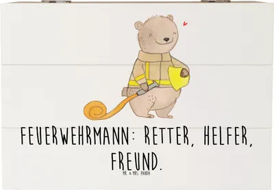 Produktbild von Mr. & Mrs. Panda Geschenkbox Feuerwehrmann Rettungsheld 22 x 15 cm - Weiß - Geschenk, Aufmerksamkeit, Holzbox mit Deckel, Kiste, Bedanken, holzschachtel, Feuerwehr, Danke