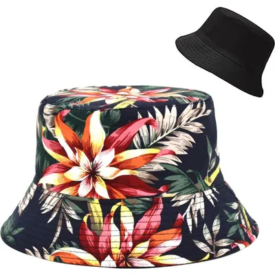 Immagine prodotto di Cappello estivo da donna, reversibile, con motivo floreale, colore nero, taglia unica, in cotone