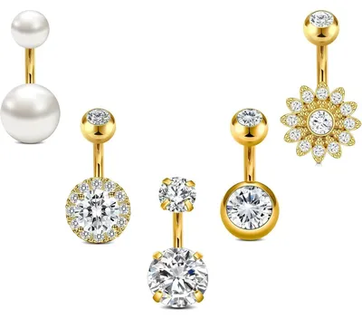 Image de Kit de piercings pour nombril, 5 pièces, calibre 14G, 6 mm, en acier inoxydable, avec motifs floraux, cœur et zircone, hypoallergénique, pour femmes, finition dorée
